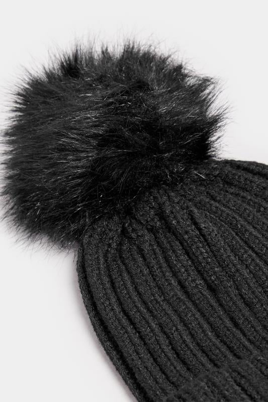 Evans Yours Black Faux Fur Pom Pom Bobble Hat