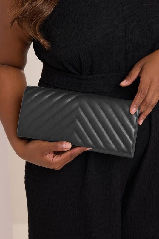 Evans Yours Black Faux Leather Chevron Clutch Bag