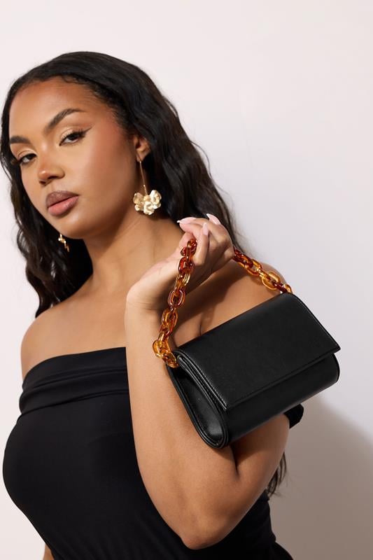 evans Yours Black Faux Leather Double Chain Bag
