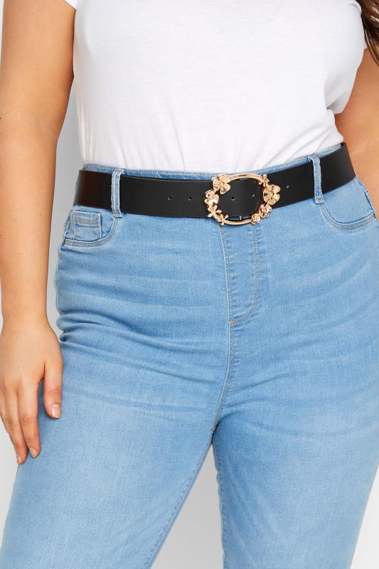 evans Yours Black Floral Buckle Belt