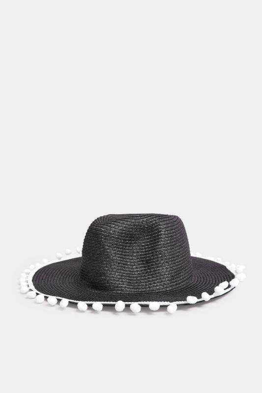Evans Yours Black Pom Pom Straw Fedora Hat