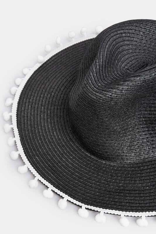 Evans Yours Black Pom Pom Straw Fedora Hat