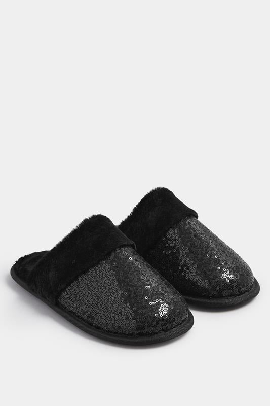 Evans Yours Black Sequin Mule Slippers