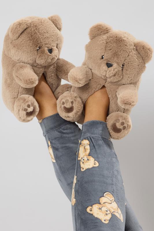 evans Yours Brown Faux Fur Teddy Bear Slippers