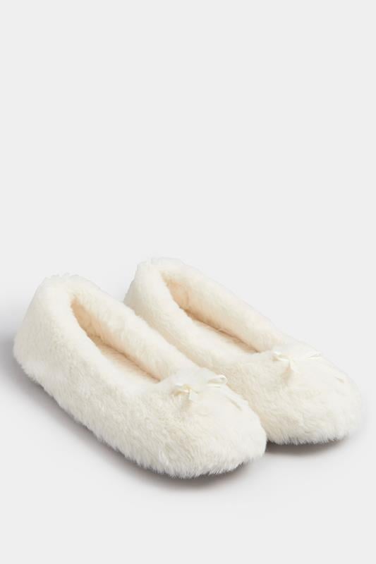 Evans Yours Cream Plush Bow Front Ballet Slippers