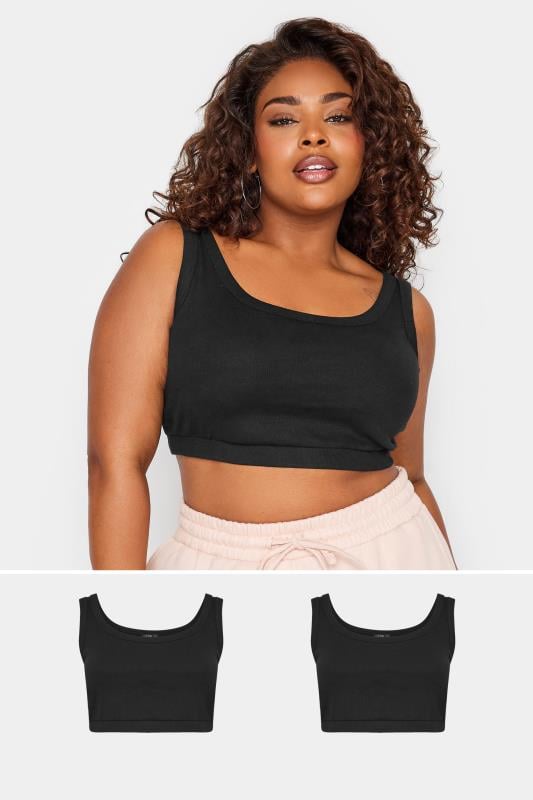 evans YOURS Curve 2 PACK Black Ribbed Crop Tops