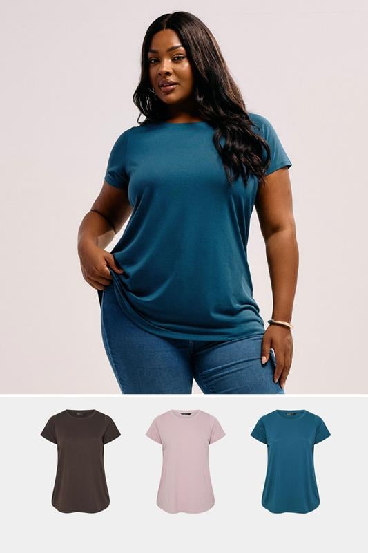 evans YOURS Curve 3 PACK Brown & Blue Core T-Shirts