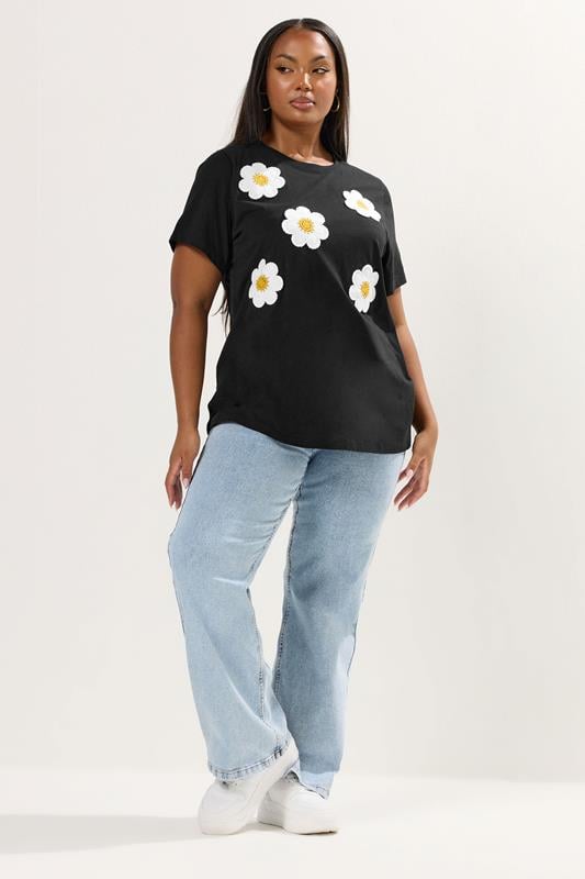 Evans YOURS Curve Black Applique Daisy T-Shirt