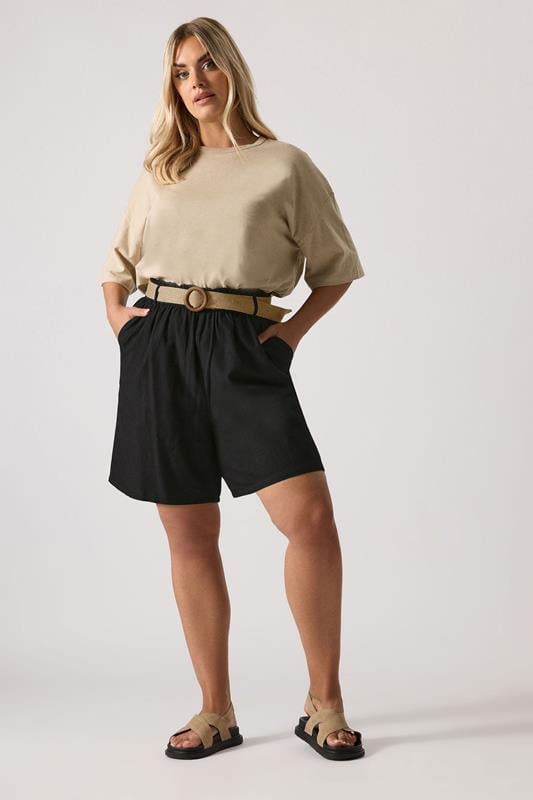 Evans YOURS Curve Black Belted Linen Shorts