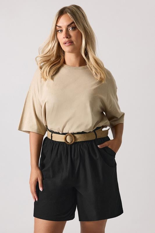 evans YOURS Curve Black Belted Linen Shorts