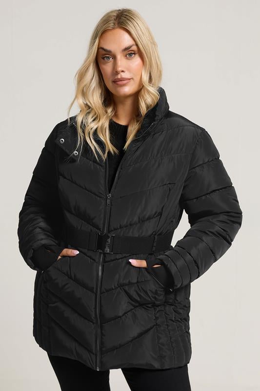 evans YOURS Curve Black Belted Puffer Coat