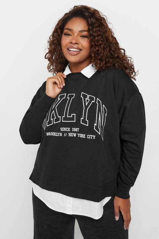 evans YOURS Curve Black 'BKLYN' 2-In-1 Sweatshirt