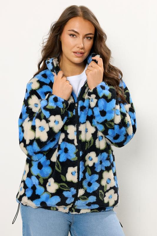 Evans YOURS Curve Black & Blue Floral Fleece Jacket