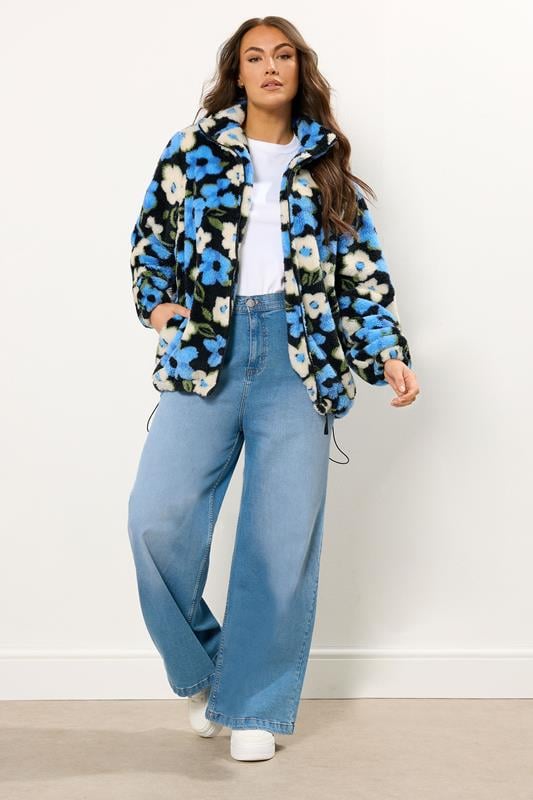Evans YOURS Curve Black & Blue Floral Fleece Jacket