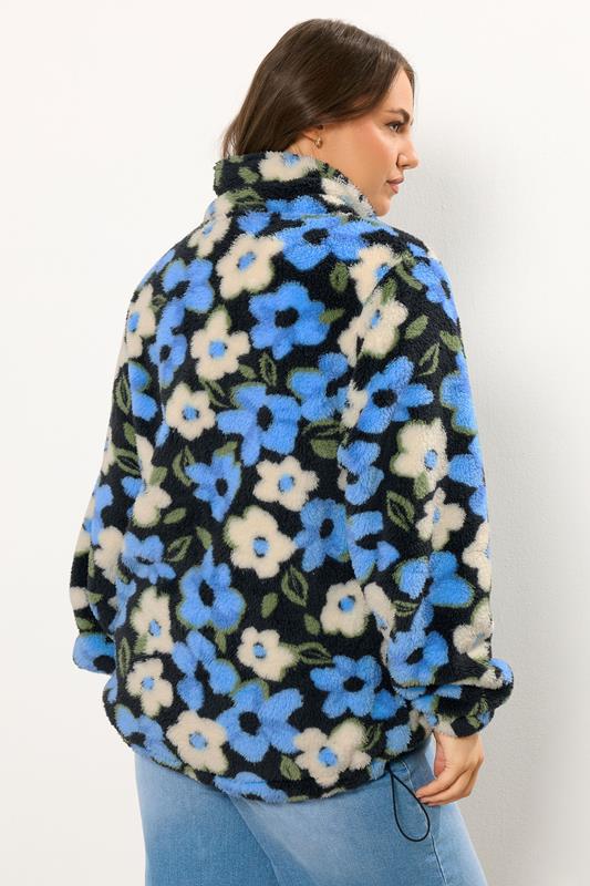 Evans YOURS Curve Black & Blue Floral Fleece Jacket