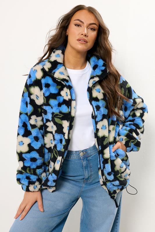 evans YOURS Curve Black & Blue Floral Fleece Jacket