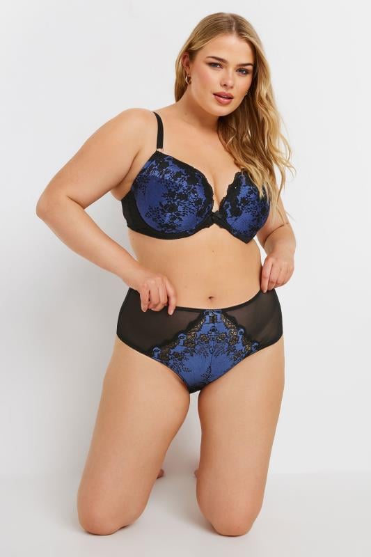 Evans YOURS Curve Black & Blue Lace Detail Briefs