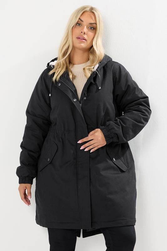 Evans YOURS Curve Black Borg Lined Parka Coat