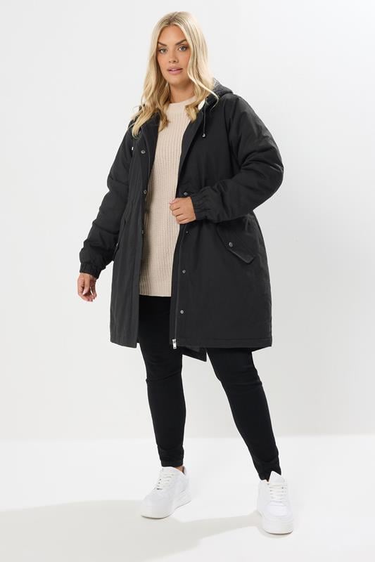 evans YOURS Curve Black Borg Lined Parka Coat