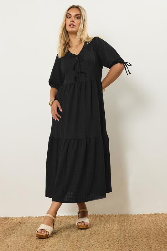 evans YOURS Curve Black Bow Tie Detail Maxi Dress