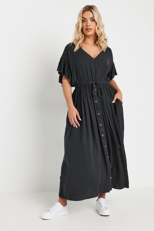 evans YOURS Curve Black Button Chambray Maxi Dress