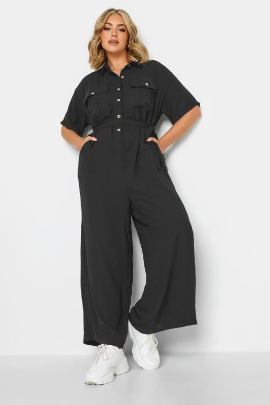 evans YOURS Curve Black Button Front Jumpsuit
