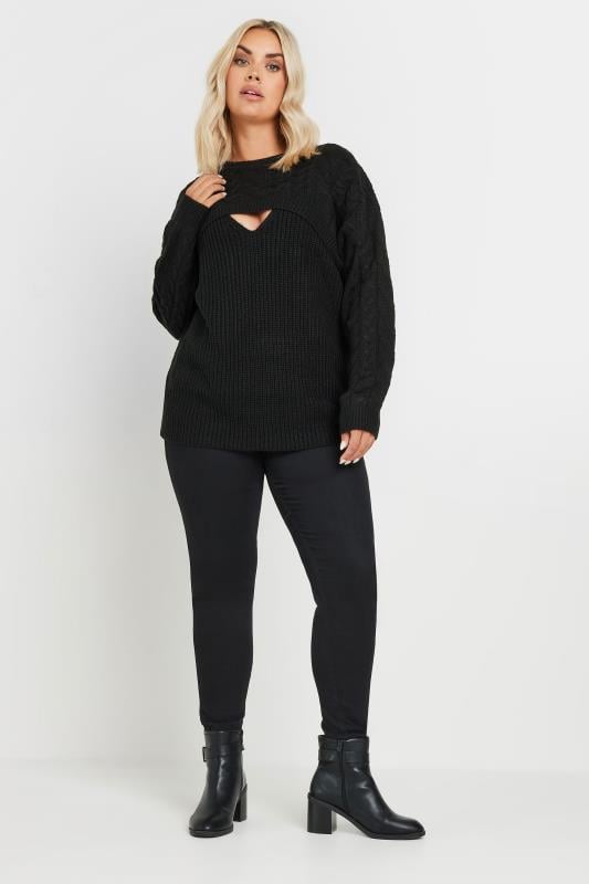 Evans YOURS Curve Black Cable Knit Cut Out Jumper