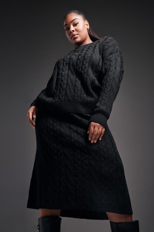 evans YOURS Curve Black Cable Knit Jumper