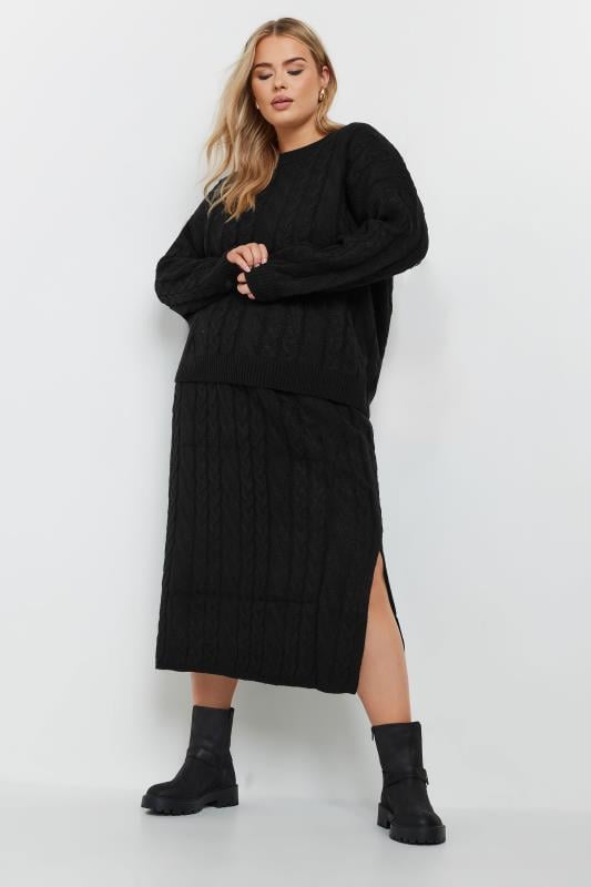 Evans YOURS Curve Black Cable Knit Midi Skirt