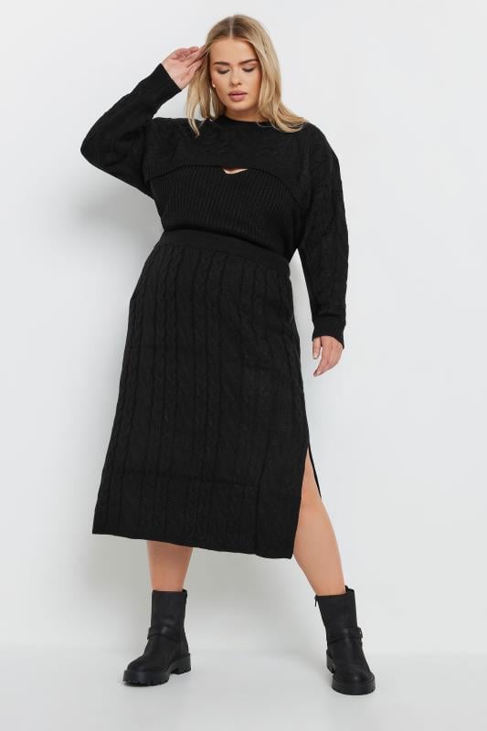 Evans YOURS Curve Black Cable Knit Midi Skirt