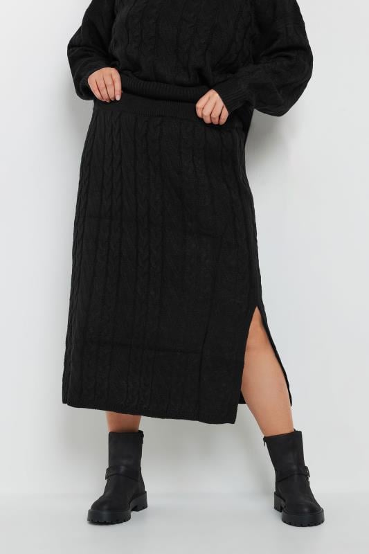 evans YOURS Curve Black Cable Knit Midi Skirt