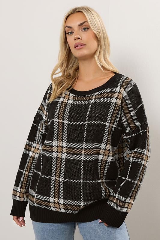 Evans YOURS Curve Black Check Knitted Jumper