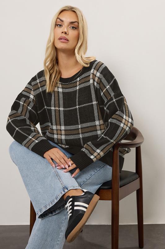 evans YOURS Curve Black Check Knitted Jumper