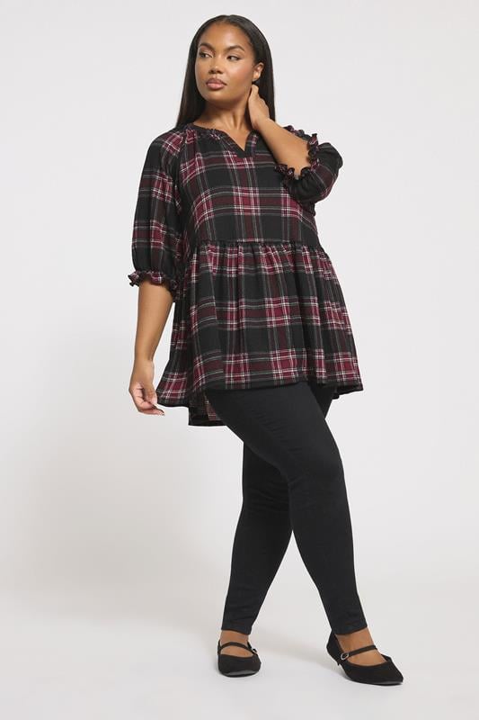 Evans YOURS Curve Black Check Textured Peplum Top
