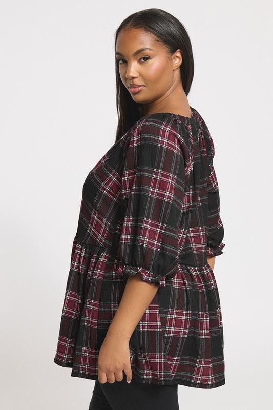 Evans YOURS Curve Black Check Textured Peplum Top