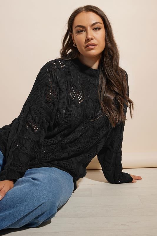 evans YOURS Curve Black Chunky Cable Knit Jumper