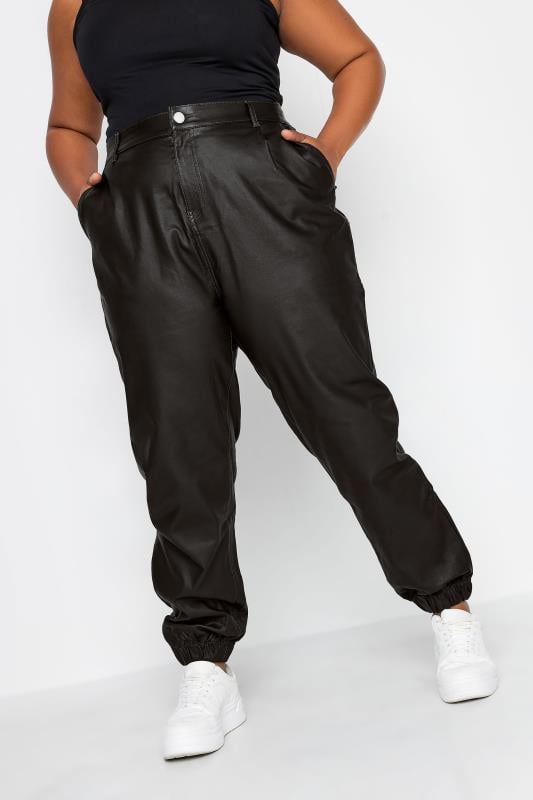 evans YOURS Curve Black Coated Cargo Trousers