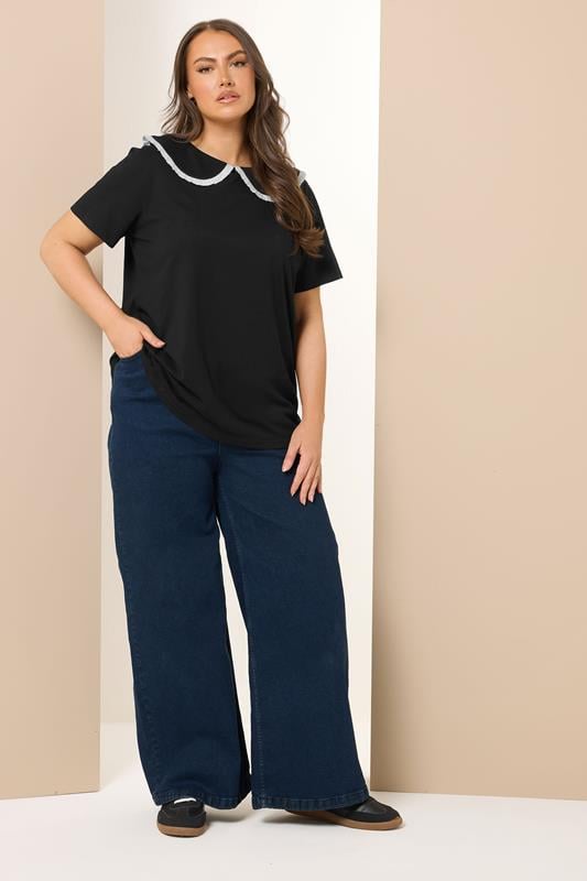 Evans YOURS Curve Black Contrast Frill Collar Top