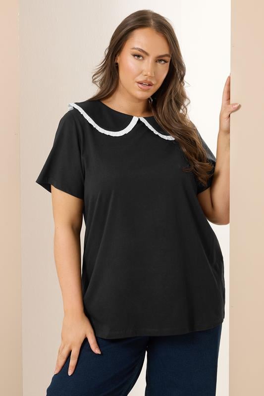 evans YOURS Curve Black Contrast Frill Collar Top