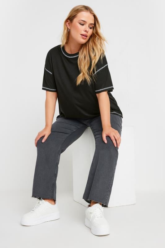 Evans YOURS Curve Black Contrast Stitch T-Shirt