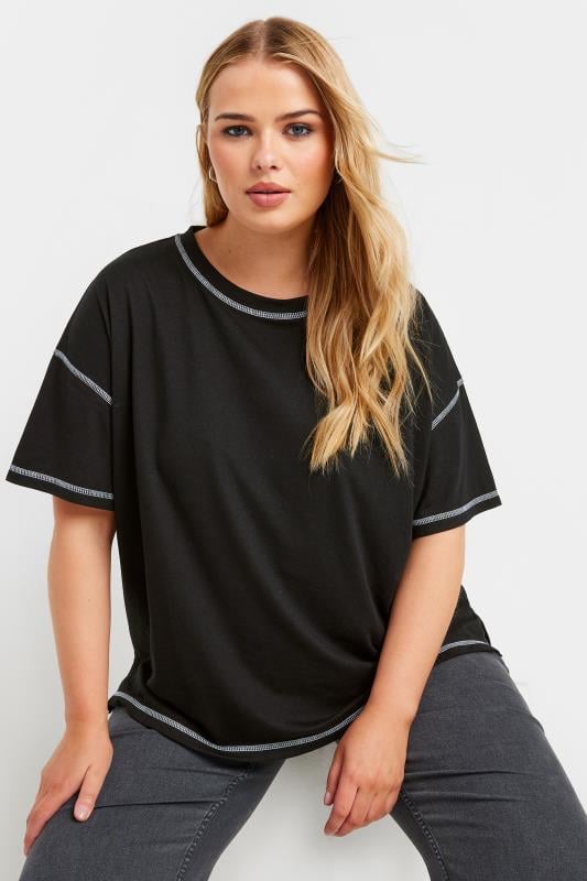 evans YOURS Curve Black Contrast Stitch T-Shirt