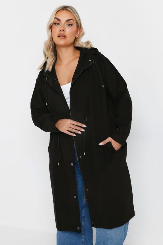 evans YOURS Curve Black Cotton Longline Parka Coat