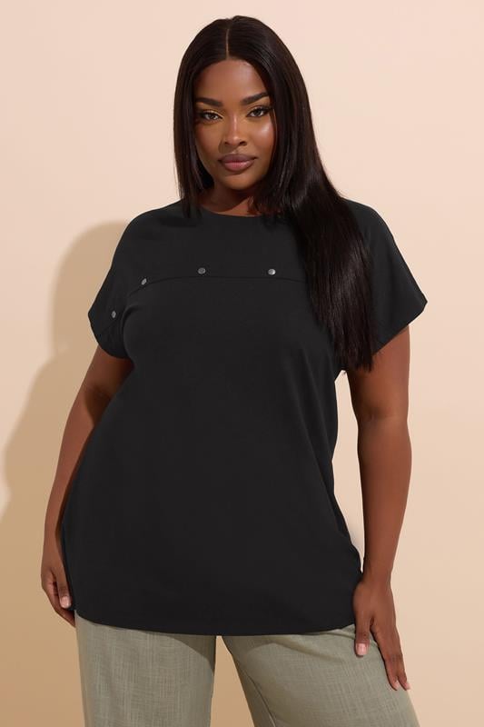 evans YOURS Curve Black Cotton Stud Detail T-Shirt