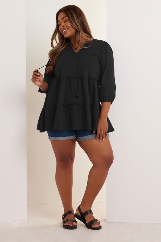 Evans YOURS Curve Black Cotton Tie Neck Top