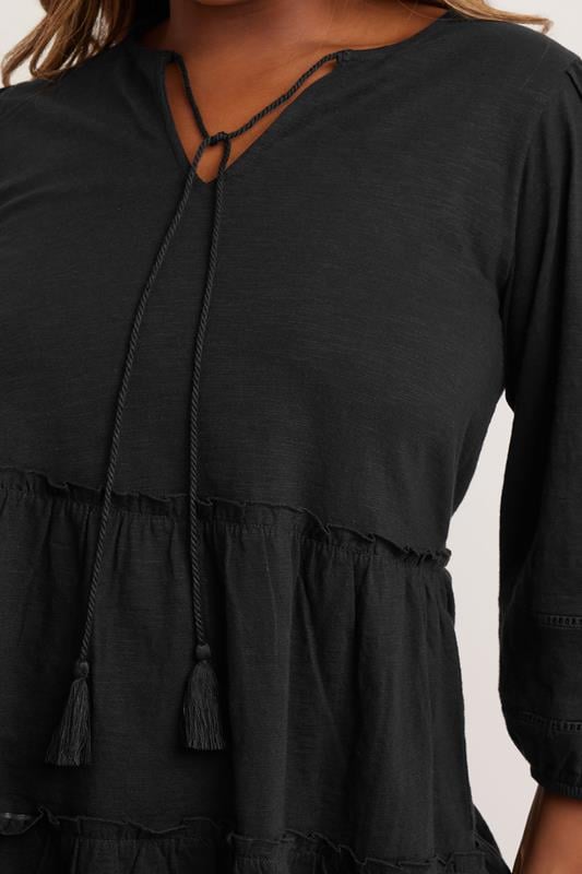Evans YOURS Curve Black Cotton Tie Neck Top