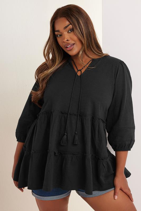 evans YOURS Curve Black Cotton Tie Neck Top