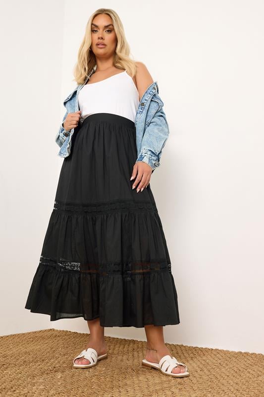 evans YOURS Curve Black Cotton Tiered Maxi Skirt