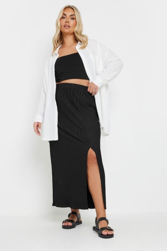 Evans YOURS Curve Black Crinkle Plisse Maxi Skirt