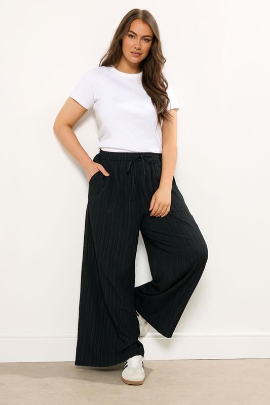 Evans YOURS Curve Black Crinkle Wide Leg Trousers