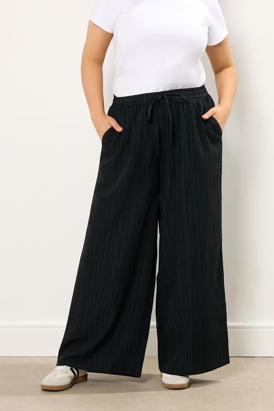 evans YOURS Curve Black Crinkle Wide Leg Trousers